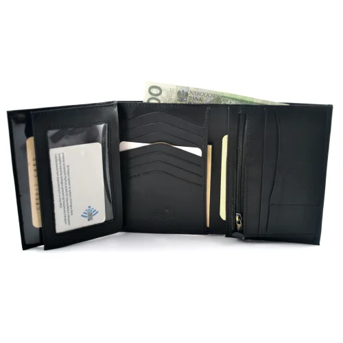 Portfel BARTEX 1019M-ID czarny – wnętrze z kieszeniami / BARTEX 1019M-ID black leather wallet – interior with compartments