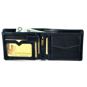 Portfel męski BARTEX 10096M granatowy – wnętrze z przegródkami i kieszenią na bilon / BARTEX 10096M navy blue men’s wallet – interior with compartments and coin pocket