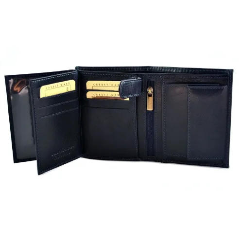 Skórzany portfel BARTEX 10220M granatowy – otwarty, widok na kieszeń na bilon / BARTEX 10220M navy blue leather wallet – open view with coin pocket