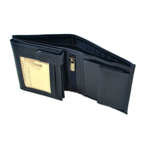 Skórzany portfel BARTEX 10220M granatowy – widok boczny i detal szycia / BARTEX 10220M navy blue leather wallet – side view and stitching detail