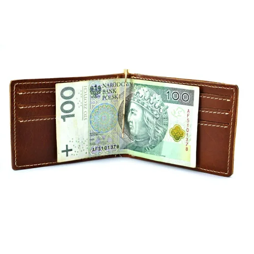 Wnętrze portfela – klip na banknoty i sekcje na karty, widok otwarty | Interior – money clip and card sections, open view
