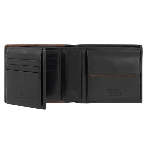 Camel Active portfel męski skórzany czarny RFID – wnętrze portfela z miejscem na karty, dokumenty i banknoty. Camel Active men's leather wallet black RFID – interior view with card slots and document pockets.