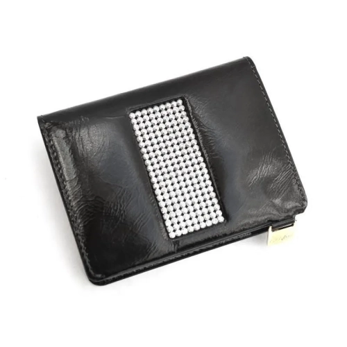 Czarny skórzany wizytownik Swarovski CV-100 widok z przodu elegancki model Giovani Black leather business card holder Sw