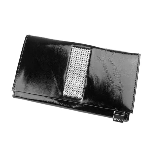 Czarny skórzany portfel damski Swarovski CV-150 widok z przodu elegancki model lakierowany Black women’s leather wallet
