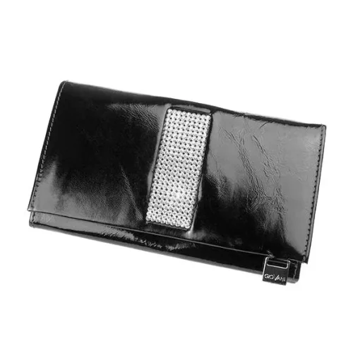 Czarny skórzany portfel damski Swarovski CV-150 widok z przodu elegancki model lakierowany Black women’s leather wallet
