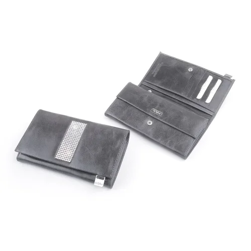 Skórzany portfel Swarovski CV-140 szary otwarty widok funkcjonalne wnętrze Leather wallet Swarovski CV-140 grey open view functional interior