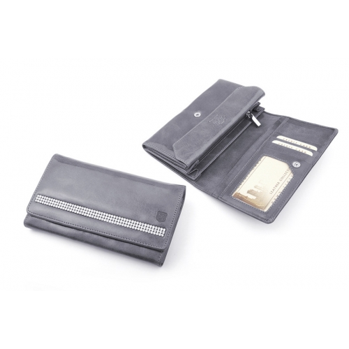 SV 070  portfel skórzany damski z kamieniami swarovskiego szary