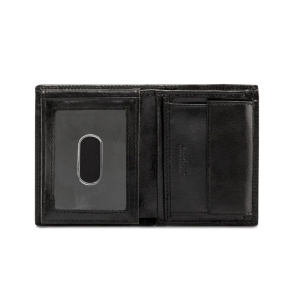 OCHNIK SL-120-99 czarny portfel męski skórzany super slim z kieszenią na monety i przegródkami na karty OCHNIK SL-120-99 black slim men’s leather wallet with coin pocket and card slots inside view