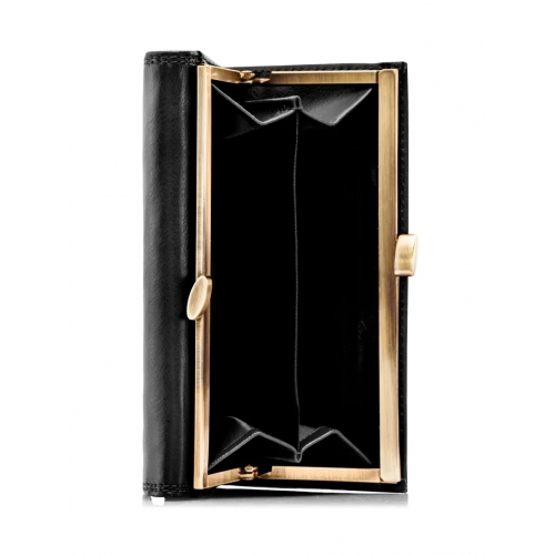 Portfel damski OCHNIK SL-128-99 czarny – kieszeń na bilon zapinana na bigiel | OCHNIK SL-128-99 black leather women’s wallet – kiss-lock coin pocket