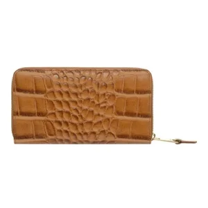 Skórzany portfel damski OCHNIK z tłoczeniem na wzór krokodyla, kolor koniakowy Genuine leather women’s wallet OCHNIK with croco embossing, cognac color