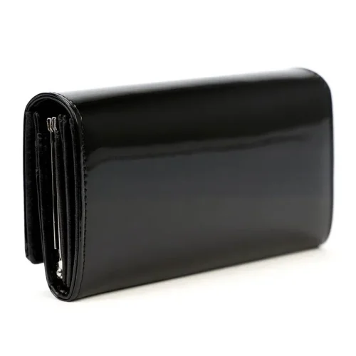 Skórzany portfel damski Pierre Cardin czarny – widok boczny, smukła konstrukcja i solidne wykończenie Pierre Cardin black leather women’s wallet – side view showing slim profile and solid craftsmanship