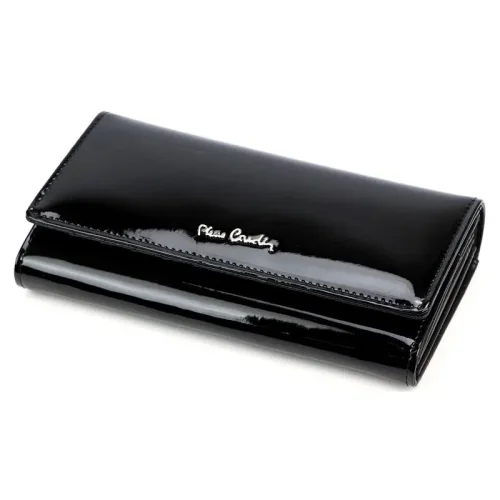 Czarny portfel damski Pierre Cardin 07 SHINY 100 – częściowo otwarty, widoczna funkcjonalna konstrukcja Pierre Cardin 07 SHINY 100 black women’s wallet – partially open view showing functional interior layout