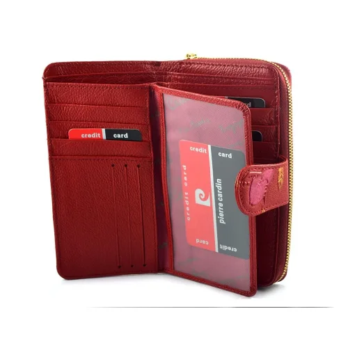 Pierre Cardin Plant 116 czerwony portfel damski na suwak widok boczny | Pierre Cardin Plant 116 red zip-around wallet side view