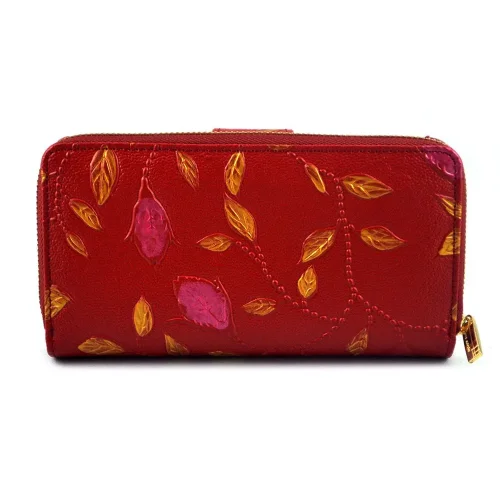 Pierre Cardin Plant 116 czerwony portfel damski z motywem złotych liści detal | Pierre Cardin Plant 116 red wallet gold leaf motif detail shot