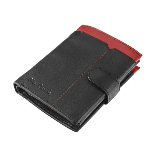 Skórzany portfel męski Pierre Cardin w orientacji pionowej – stylowe połączenie czerni i czerwieni. Vertical Pierre Cardin men's leather wallet – a stylish combination of black and red.