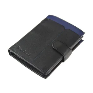 Skórzany portfel męski Pierre Cardin TILAK14 czarno-niebieski, ujęcie pod kątem. Pierre Cardin TILAK14 men's leather wallet black and blue, angled view.