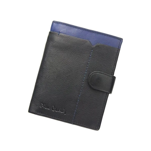 Czarny portfel męski skórzany Pierre Cardin SAHARA z niebieskim detalem, widok z przodu. Pierre Cardin SAHARA men's blac