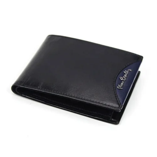 Portfel męski Pierre Cardin czarny z niebieską wstawką – widok z boku Pierre Cardin men’s wallet black with blue accent – side view