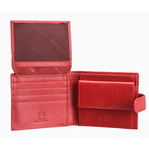 Puccini MU1953 portfel damski czerwony – wnętrze z kieszeniami i przegródkami Puccini MU1953 red leather women’s wallet – interior with card and coin pockets