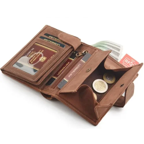 Skórzany portfel męski Peterson 324Z 2-1-5 nubuk brązowy otwarty / Peterson 324Z 2-1-5 men’s nubuck leather wallet brown open view