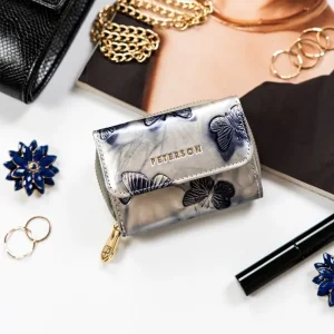 Srebrny portfel damski RFID Peterson – elegancki design z motywem motyli Elegant silver RFID women’s wallet Peterson with butterfly design