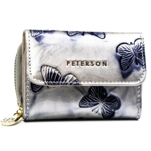 Srebrny portfel damski Peterson RFID z motylkami – skóra naturalna Silver women’s leather wallet Peterson RFID with butt