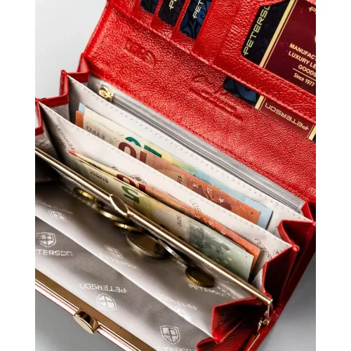 Portfel damski czerwony Peterson – podwójna kieszeń na bilon z biglem Red women's wallet Peterson – dual kiss-lock coin pocket