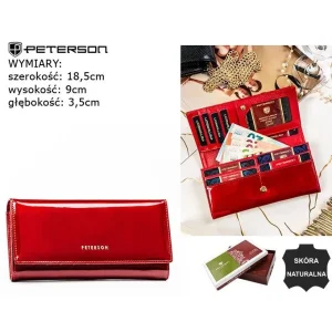 Czerwony portfel damski skórzany lakierowany Peterson z pudełkiem | Red patent leather women's wallet Peterson with gift box