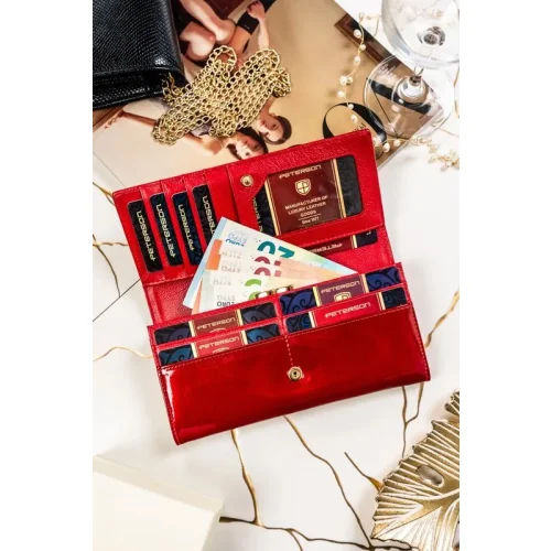 Portfel damski czerwony RFID Peterson – wnętrze i przegrody | Red women's RFID wallet Peterson – interior and compartments