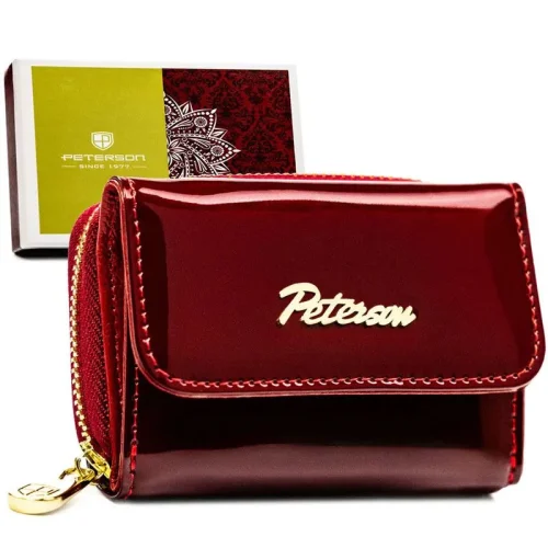 Skórzany portfel damski Peterson czerwony lakierowany pudełko prezentowe | Peterson red patent leather women's wallet with gift box