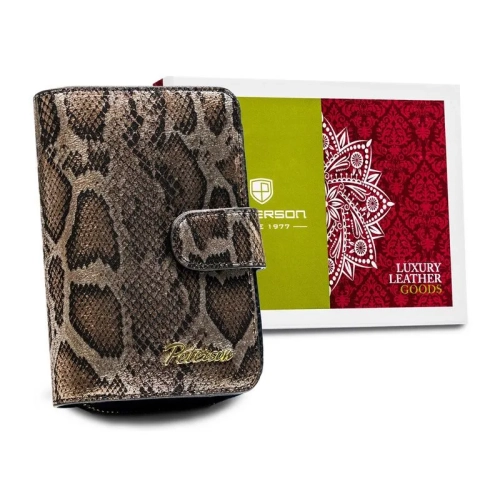 Skórzany portfel damski Peterson BS 602 z motywem wężowej skóry RFID – widok z przodu Peterson BS 602 women’s leather wa