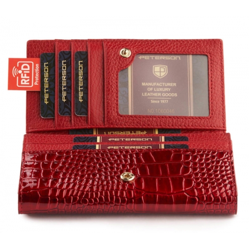 PETERSON Skórzany portfel damski z lakierowanej skóry naturalnej czerwony CR-466 RFID