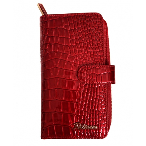 PETERSON Skórzany portfel damski z lakierowanej skóry naturalnej czerwony CR-603 RFID