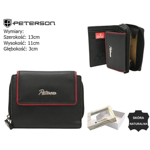 PETERSON skórzany portfel damski PTN KA-26 Black+Red