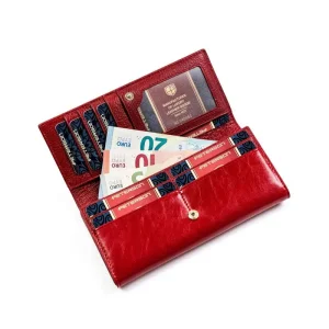 Wnętrze czerwonego portfela damskiego Peterson PL-721 z przegródkami na karty i dokumenty Interior of Peterson PL-721 red women’s wallet with card slots and document compartments