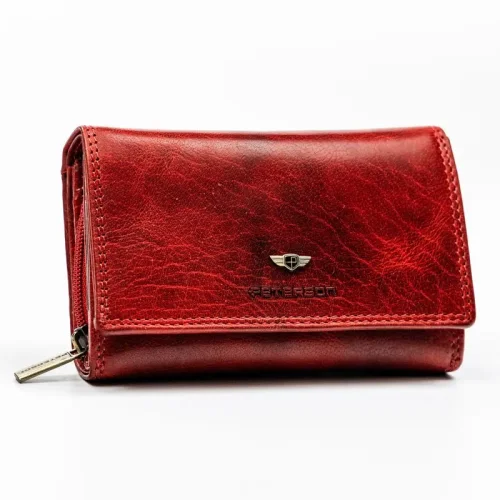 Czerwony skórzany portfel damski Peterson PTN 218 BMVT vintage RFID – widok z przodu | Red women’s leather wallet Peters