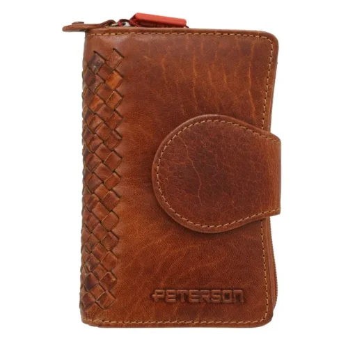 Portfel damski skórzany PETERSON PTN WD1-VLCN brązowy – widok z przodu z plecionym zdobieniem