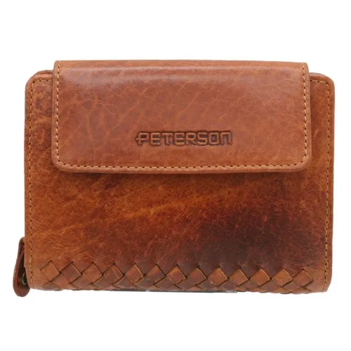 portfel damski skórzany PETERSON PTN WD2-VLCN brązowy – widok z przodu z plecionym zdobieniem