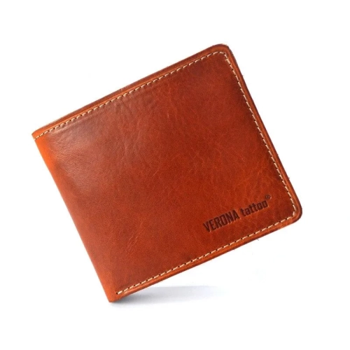 Portfel męski Verona Tattoo 331M jasny brąz skóra juchtowa super slim Men's wallet Verona Tattoo 331M light brown jucht