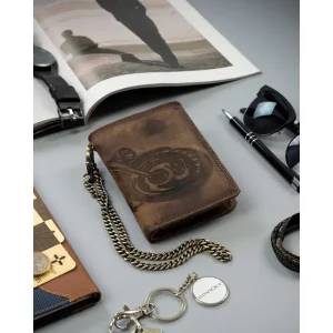 Portfel męski skórzany vintage z tłoczeniem motocykla widok z przodu / Vintage men’s leather wallet with embossed motorcycle front view