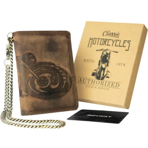 Skórzany portfel męski z motocyklem N4C VIN vintage RFID z łańcuchem / Men’s leather motorcycle wallet N4C VIN vintage R