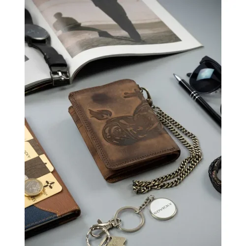 Portfel motocyklisty skóra nubukowa poziomy model z łańcuchem / Biker leather wallet nubuck horizontal model with chain