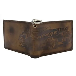 Portfel męski skórzany vintage brązowy poziomy z łańcuchem bok / Men’s vintage leather wallet brown horizontal with chain side view