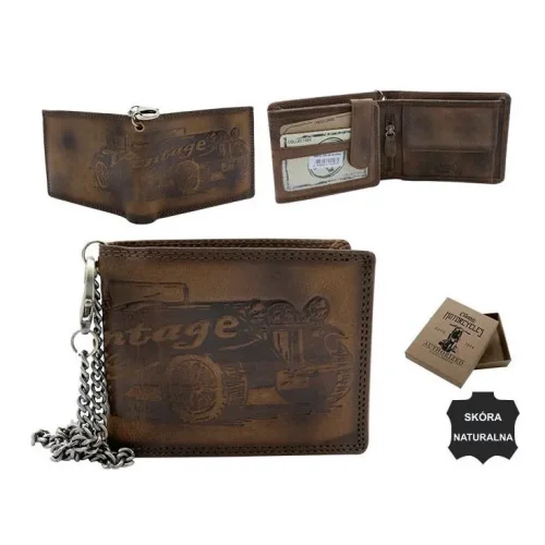 Skórzany portfel męski retro poziomy z łańcuchem w pudełku prezentowym / Retro horizontal men’s leather wallet with chain in gift box
