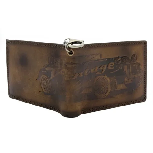 Portfel męski skórzany vintage brązowy poziomy z łańcuchem bok / Men’s vintage leather wallet brown horizontal with chain side view