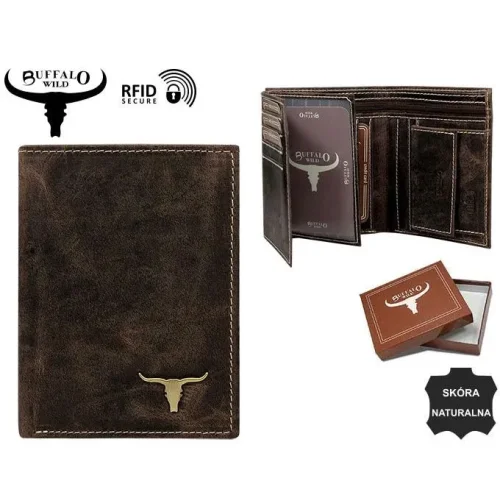 Skórzany portfel męski Buffalo Wild brązowy RFID tył / Buffalo Wild men’s brown leather wallet RFID back view