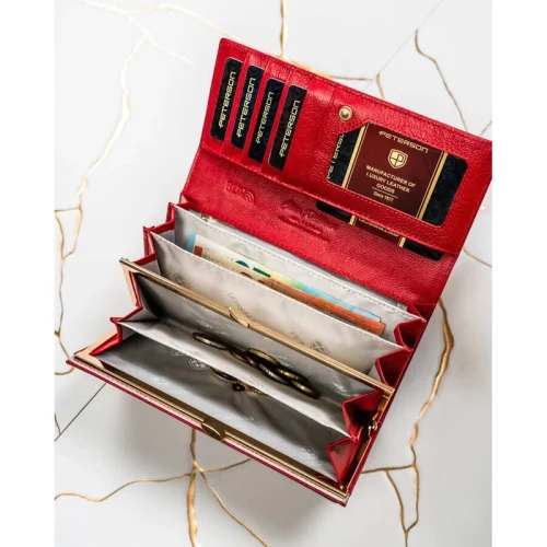 Portfel damski czerwony z biglem na bilon Peterson 72401-SH | Red women's wallet with kiss-lock coin pocket Peterson 72401-SH