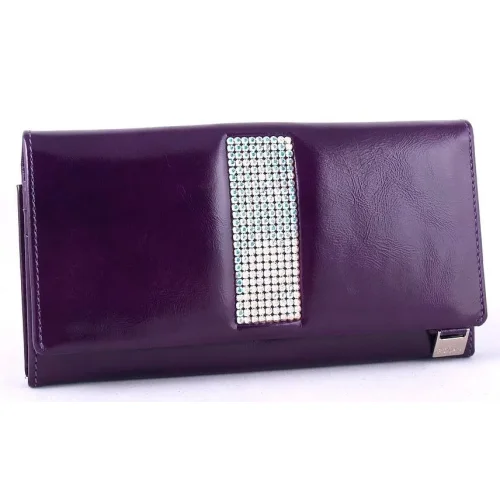 Fioletowy skórzany portfel damski Swarovski CV-140 Kolekcja Giovani widok z przodu elegancki model 16,5x9,5 cm Purple wo