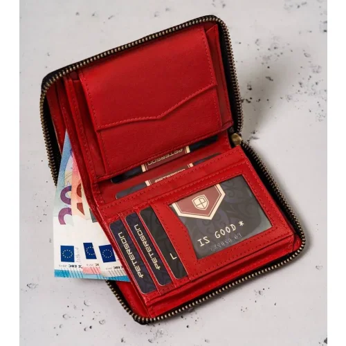 Peterson 340.02 RFID czarno-czerwony – wnętrze portfela męskiego z zamkiem / Peterson 340.02 RFID black-red – men’s wallet interior with zipper
