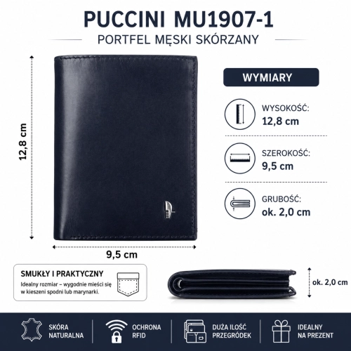 Wymiary portfela PUCCINI MU1907-1 – wysokość 12,8 cm, szerokość 9,5 cm, grubość około 2 cm